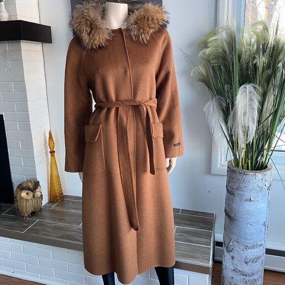 JUNGE Cinnamon Wool Blend Fur Hooded Trench Coat Fits10 - Picture 2 of 16